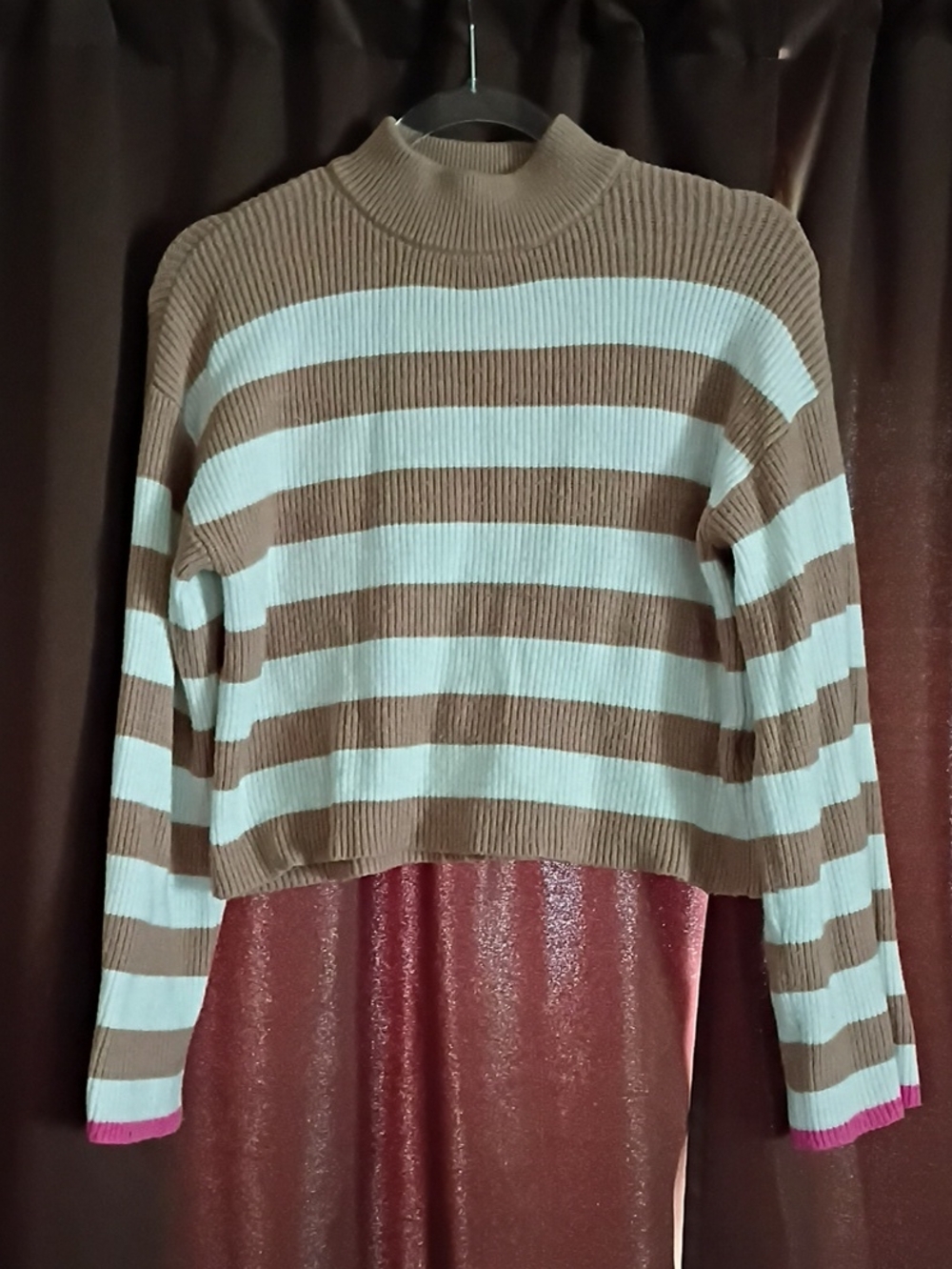 Sincerely Jules Ribbed Cowl/Turtleneck Striped Sweater - Brown, White, Pink